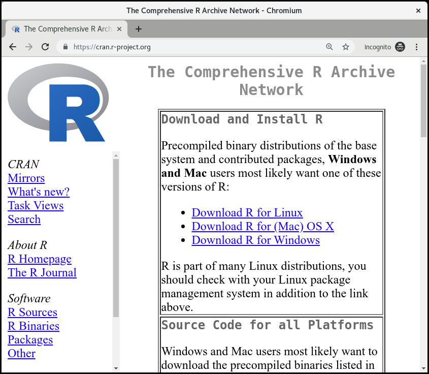 Main page of the Comprehensive R Archive Network website [CRAN.R-project.org/](https://CRAN.R-project.org/).
