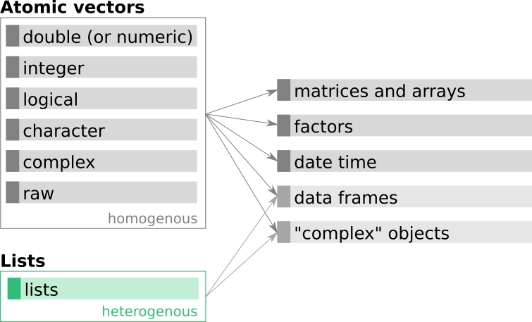 As we will learn, data frames are typically lists of atomic vectors of the same length.