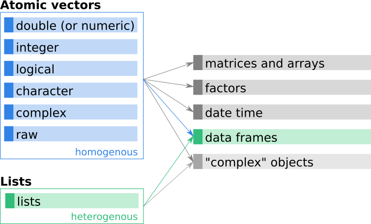 Data frames -- a combination of lists and (most often) atomic vectors.